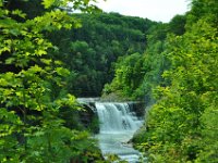 The middle waterfall surrounded by a lot of green.