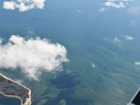 Crystal clear water, just one boat cruising around. The green stuff are algae, too much fertilizer washed into the sea?